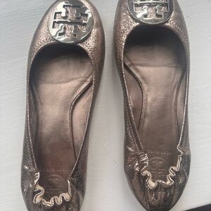 Tory Burch Bronze Loafers with Silver Logo